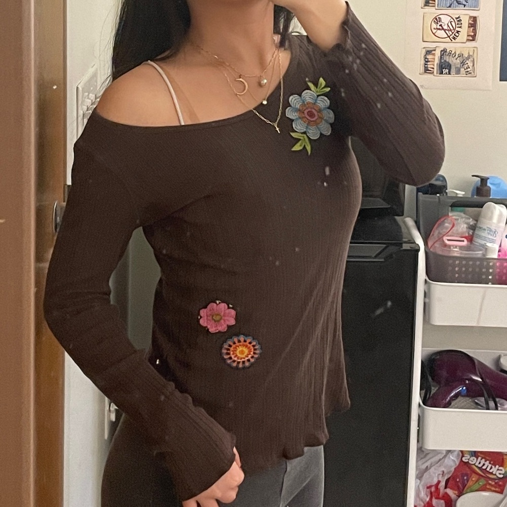 Y2k Brown Floral Embroidered Sweater off shoulder